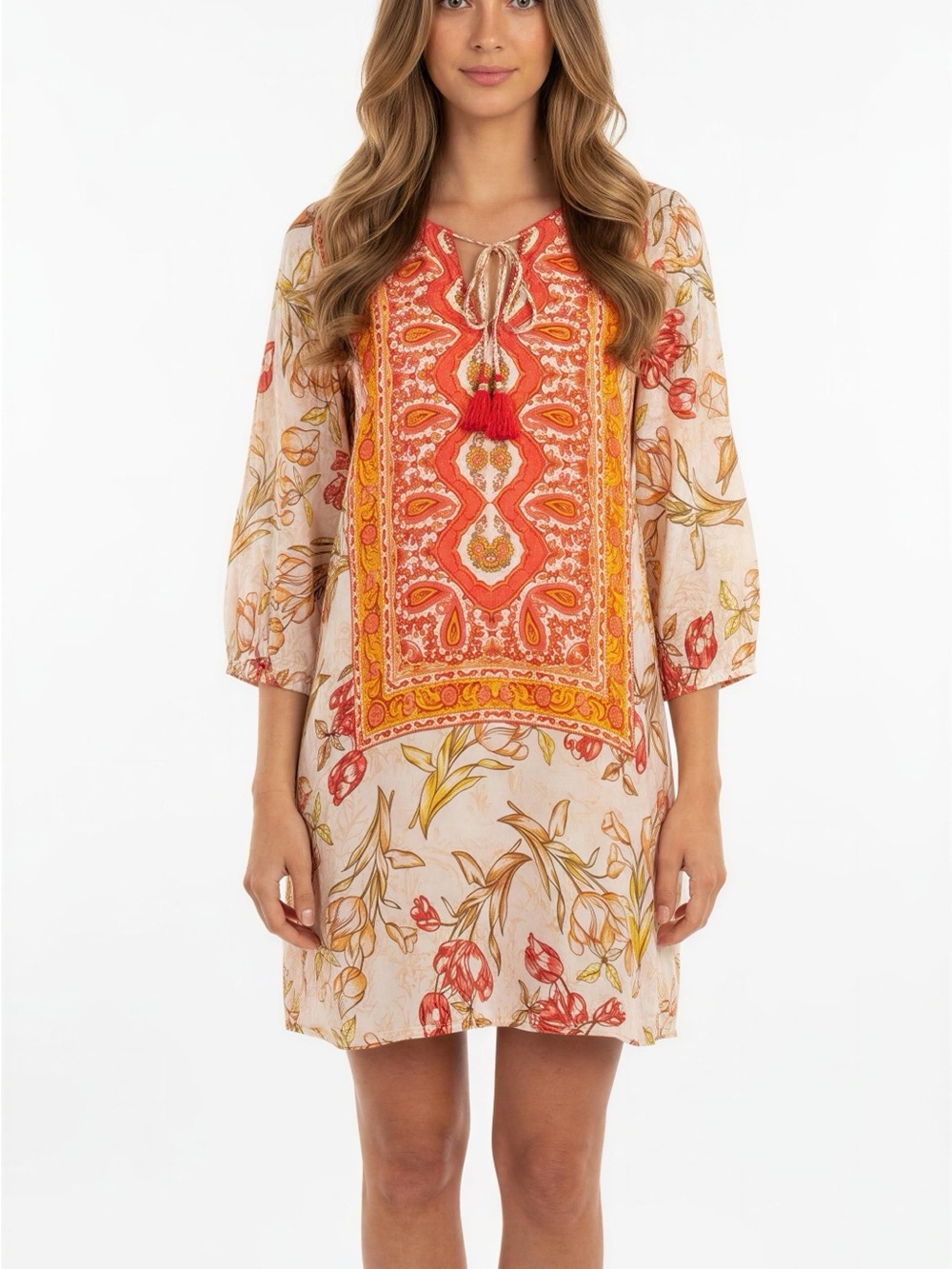Tolani 100% Silk Floral Paisley Tunic Dress Small EUC Beige Slip Underlay